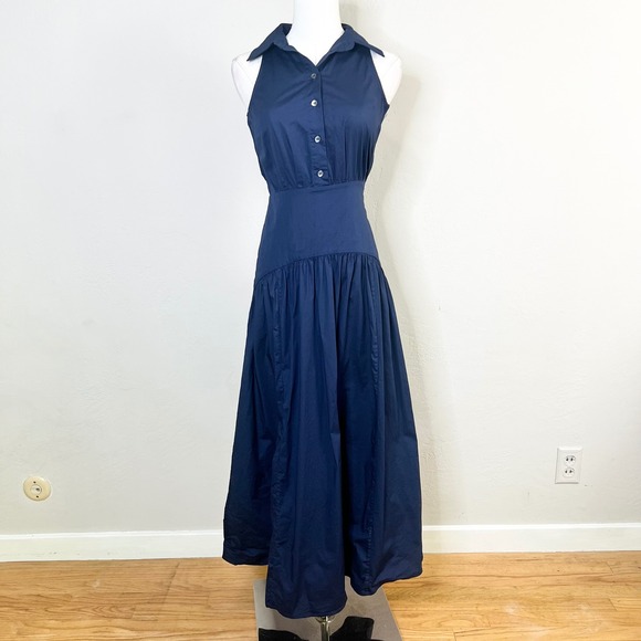 STAUD Dresses & Skirts - STAUD Romy Dress Navy Blue Sleeveless Cotton Poplin Drop Waist Maxi Size 00